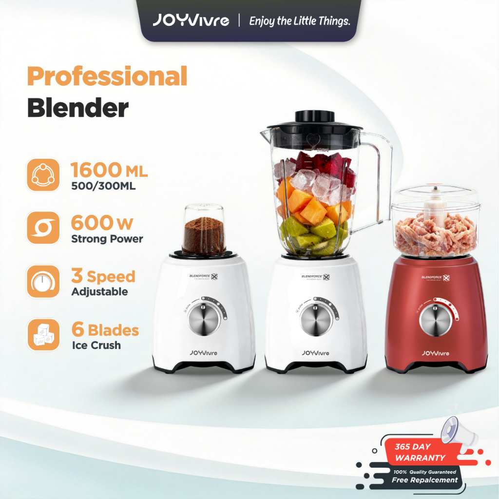 JOYVivre 3-in-1 Blender & Juicer - Meat Grinder Chopper Baby Food Processor Elektrik Pengisar Mincer Mixer Ice Crusher Stainless Steel Blades Fruit and Vegetable Juice Health Drinks