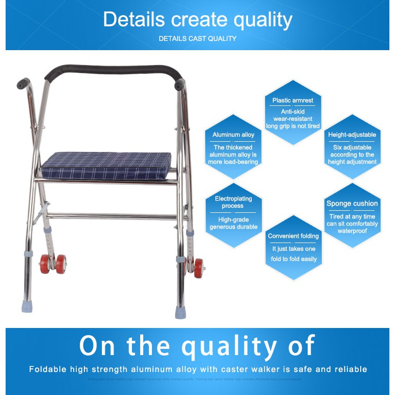 Stainless Steel Walker Walking Frame Medical Crutch Walker Walking Aid With Seat & 4 Front Wheels Tongkat Bantu Jalan