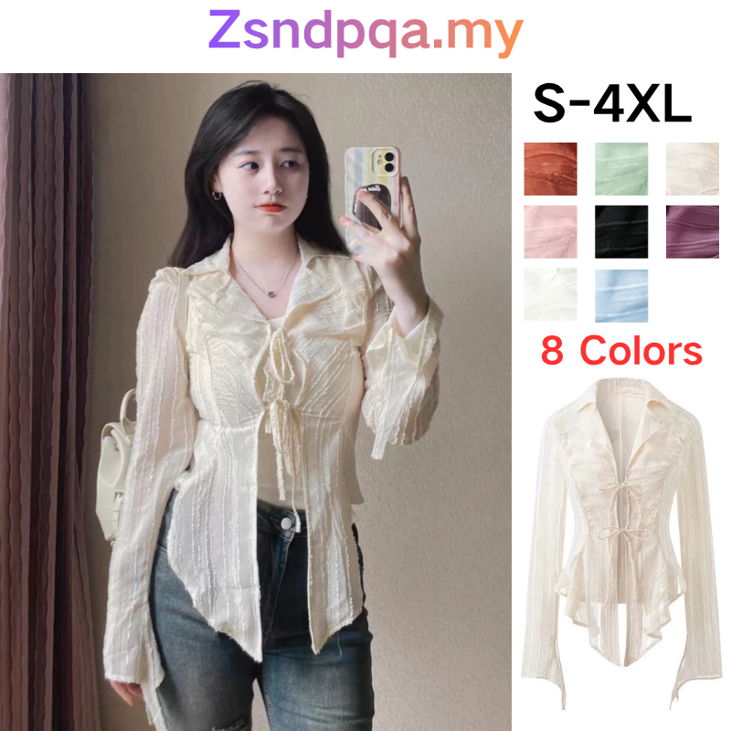Zsndpqa [Ready Stock in Malaysia]Korean style women ladies loose chiffon ruffle irregular lace-up long sleeve shirt blouse shirt women shirt