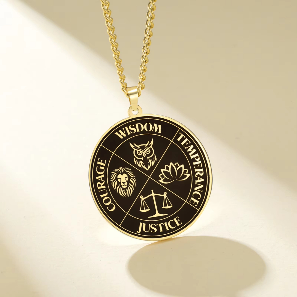 SKYRIM Virtues Pendant Necklace Engraved Wisdom Courage Justice Temperance Medallion Amulet Inspirational Religious Jewelry for Women