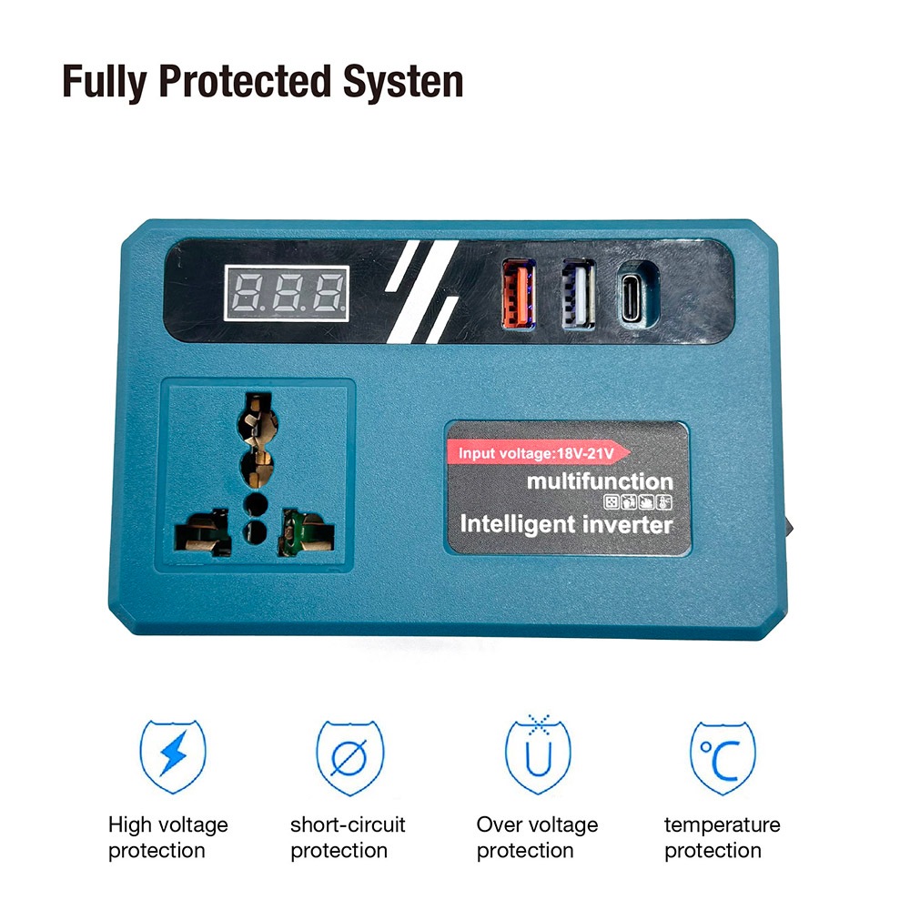 Smart Intelligent Power Inverter 150W DC 18V 20V 21V Lithium Battery Convert To AC 220V Multi Universal Socket USB Fast Charging Type-C Port Digital Voltage Detector for Power Tool