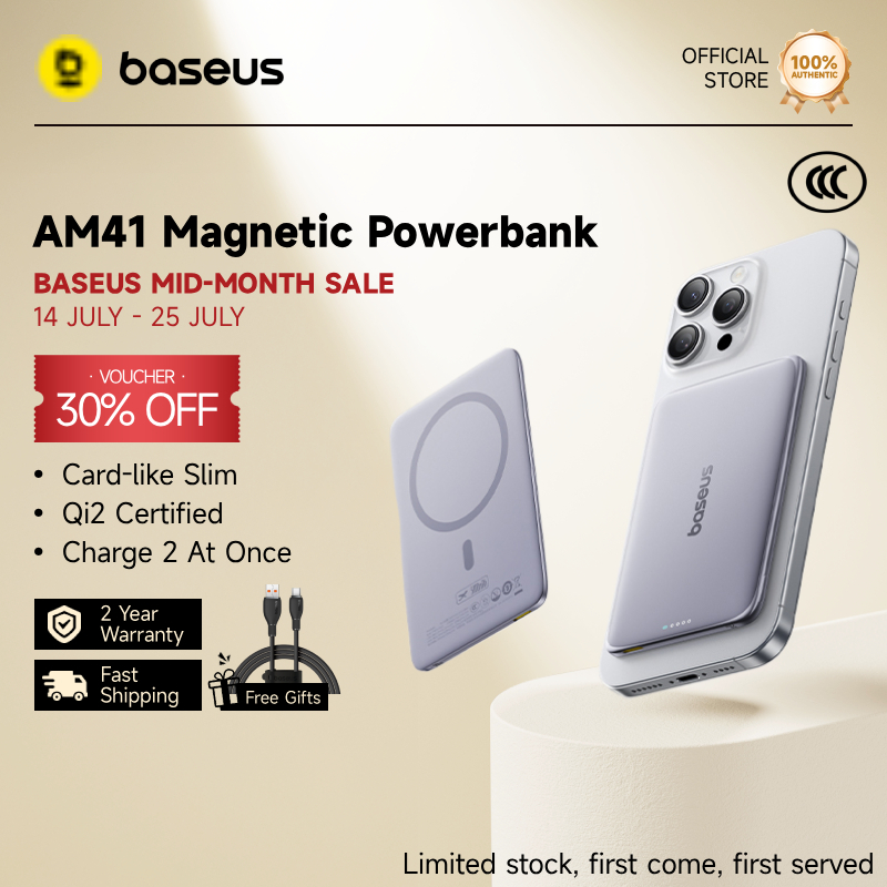 【CCC Certified】Baseus PicoGo AM41 Ultra-Slim Wireless Powerbank 5000mAh 10000mAh 20W 27W Magnetic Light&Portable Power Bank with Card-Sized