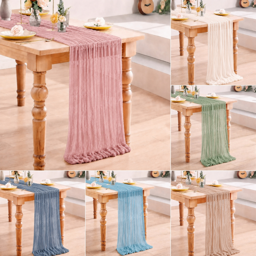 【Local Ready Stock】90*180cm Pink Semi-Sheer Gauze Beige Table Runner Sage Cheesecloth Table Setting Dining Vintage Wedding Decoration Valentine Graduation Party Decor