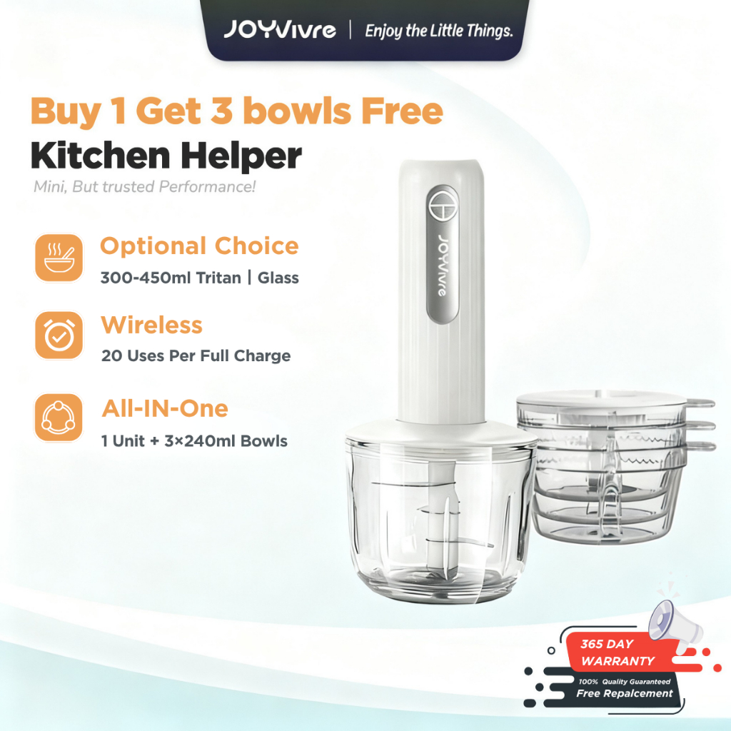 JOYVivre Mini Chopper & Blender - Baby Food Processor Elektrik Meat Grinder Portable Garlic Masher Mesin Pengisar 4 Bowl Anti Flavor Mixing Stainless Steel Blades