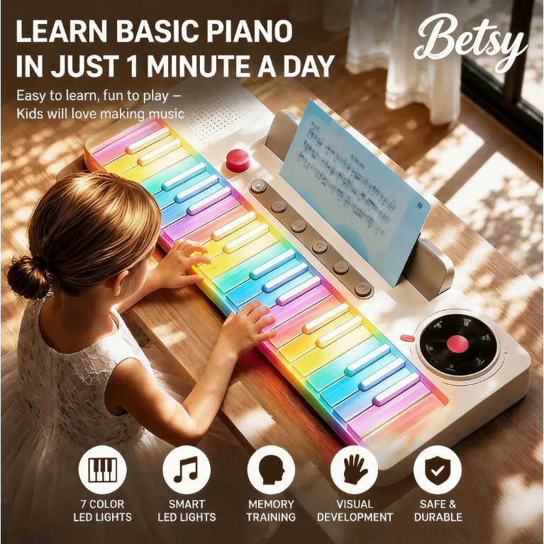 BETSY Rainbow 37 Keys Keyboard Piano for Kids, Smart Musical Instrument Toy with Colorful Light, Beginner Learning Piano Gift