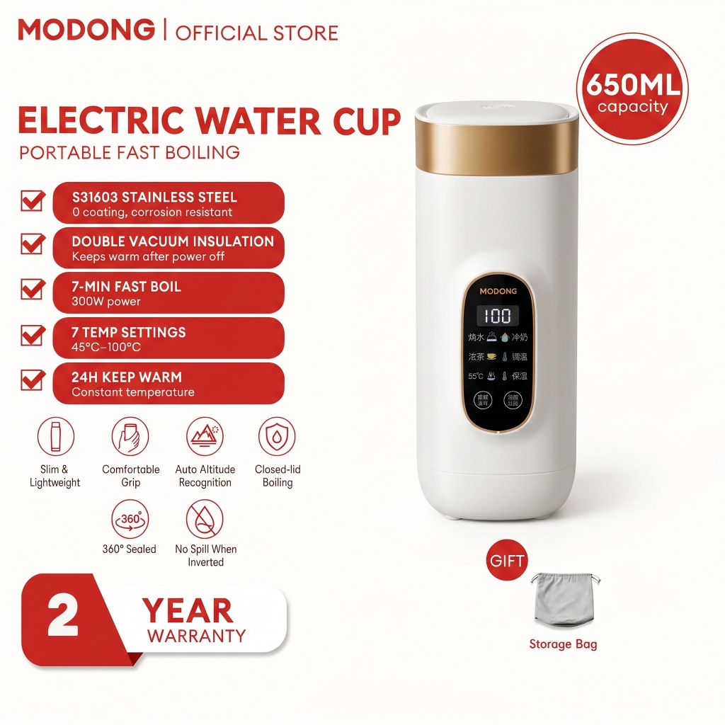 【Malay Plug】MODONG 650ML Electric Kettle 55℃ Insulated Electric Hot Water Cup 316 Material Thermo Pot Portable Kettle Travel Thermos Heater Kettle Cerek Elektrik 電熱水壺