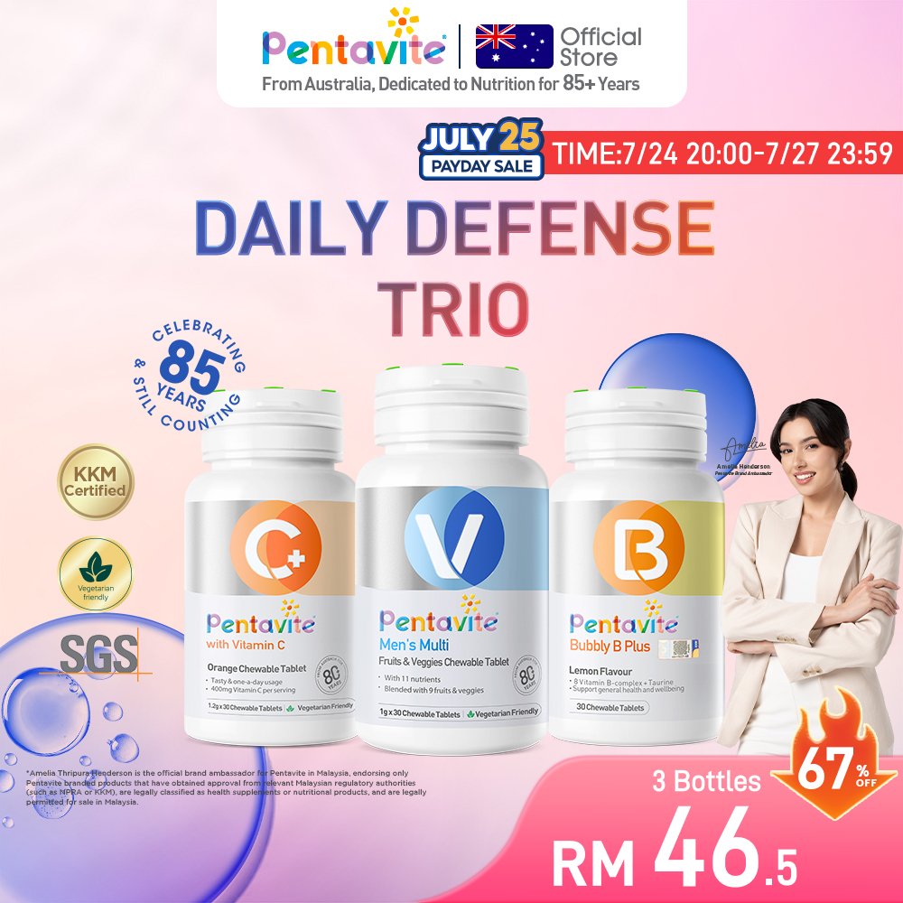 【Amelia's Choice】Pentavite Men's Multi + Vitamin C + B Complex 30s – Men’s Daily Defense Trio for Immunity, Focus & Stamina | Vitamin Lelaki untuk Imun, Fokus Mental & Tenaga Aktif – Formulasi Halal, Bebas Gula Tambahan, Sokongan Metabolisme