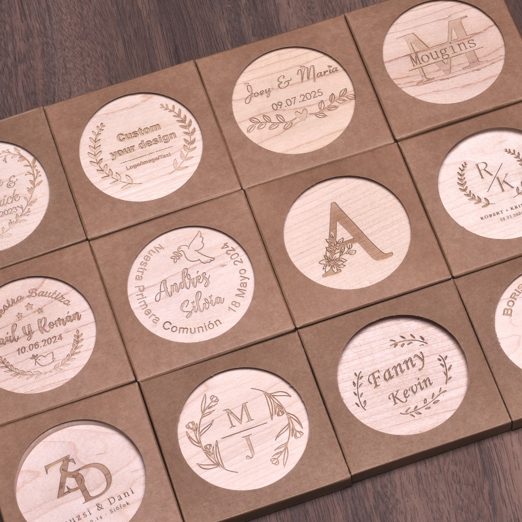 Free Personalized Mug coaster with engraved【Customized】Wooden Coaster Engraved Tea Coffee Mug Drink Holder Gift box