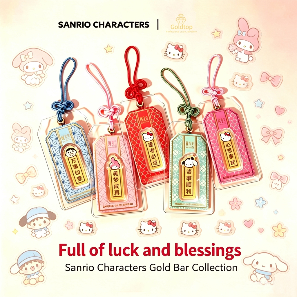 【Goldtop】Amazing Sanrio 999 Pure Gold Amulet Gold Bar Hello Kitty/Cinnamoroll/Minna No Tabo/Keroppi/Pachinko&hellip;