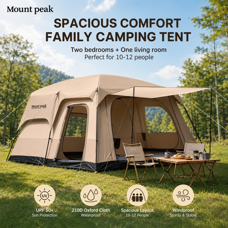 Mount peak khemah Unta Camel Tent Besar Thickened material 10-15 Person Large Camping Tent Family Tent For Outdoor 2 Rooms Double Layer