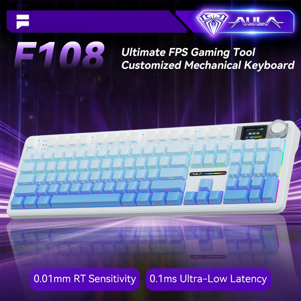 AULA F108 PRO knob button Display, Dot-Matrix with Keyboard Gaming Office Battery 8000mAh light RGB swappable Hot Blueto