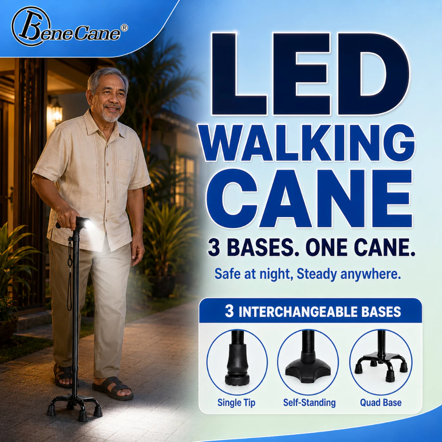 Adjustable Walking Cane with LED Light, Tongkat Lampu Kaki Stable Stick for Elderly