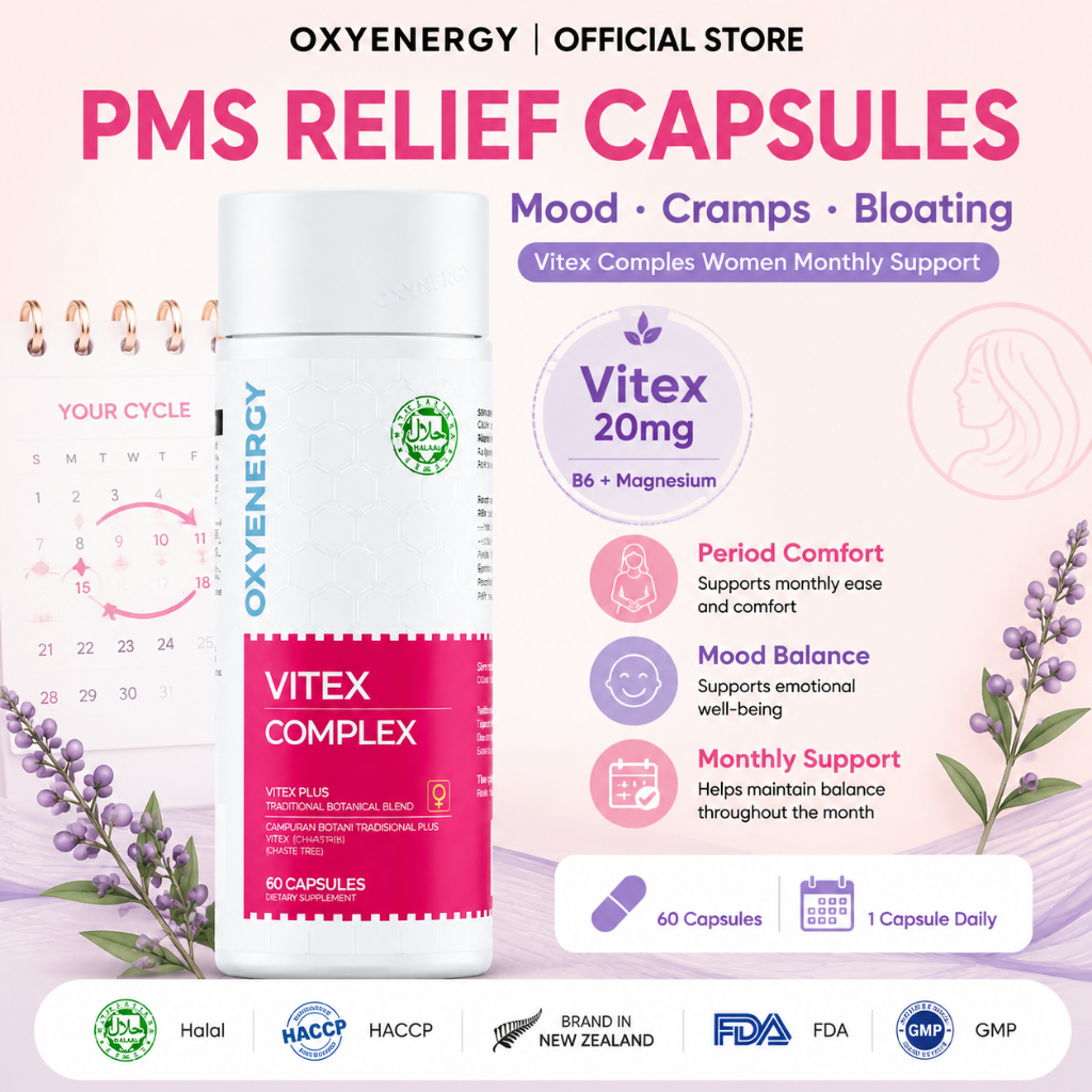 OXYENERGY Vitex Complex PMS Relief Women Period Comfort Chasteberry 20mg Mood Cramps Bloating B6 Magnesium 60 Capsules