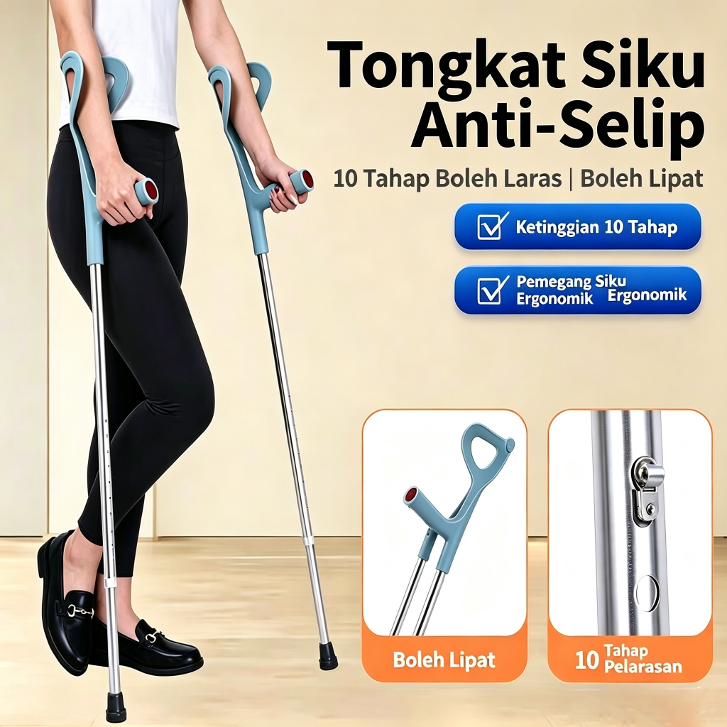 Tongkat Siku Elbow Crutch Aluminium Ringan | Kruk Siku Boleh Laras Tinggi Dengan Lampu Reflektif Anti Selip Tongkat Bantu Jalan Pesakit Patah Tulang Orang Tua Rehabilitasi