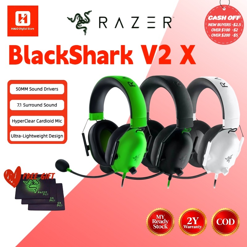 [Free Mouse Pad] Razer BlackShark V2 X Gaming Headset 7.1 Surround Sound Wired Esports Headphone with HyperClear Mic Multi-Platform for PC PS5 Xbox Switch - 2 Years Warranty MY Ready Stock | RAZER Kraken X Headphone | Razer Barracuda Headphone