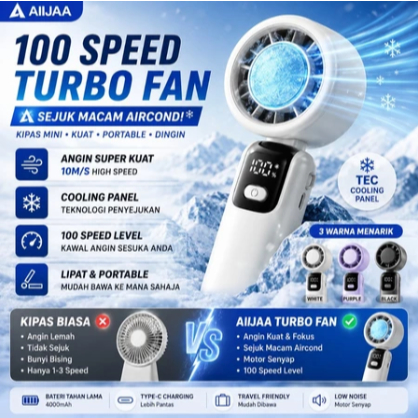 Kipas Mini Sejuk Portable Lipat 100 Speed Angin Kuat USB Rechargeable Kipas Tangan AIIJAA