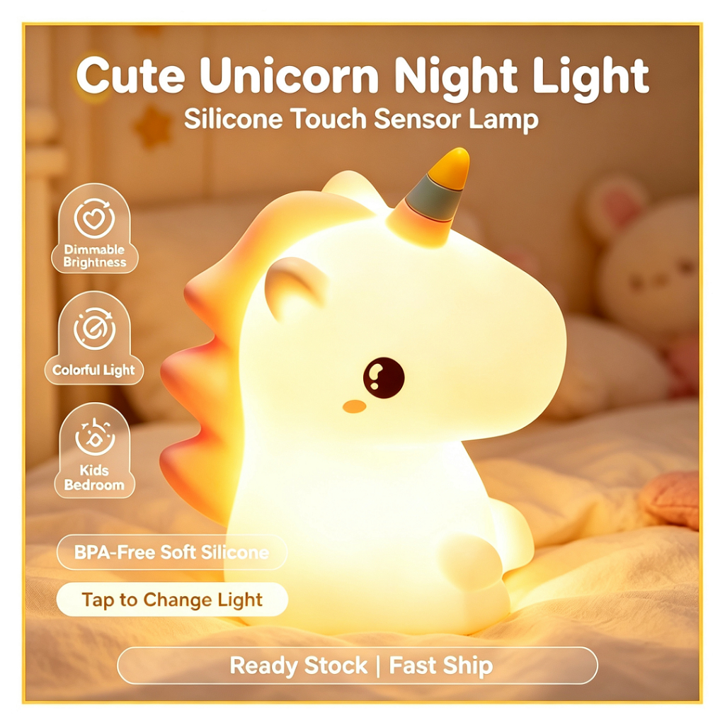 Cute Unicorn LED Night Light Silicone Touch Sensor Colorful Dimmable Bedside Sleep Lamp for Kids Baby Bedroom Lampu Tidur Kanak-Kanak