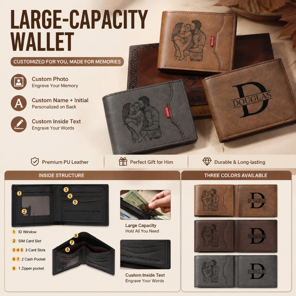 Custom Personalized Wallet Front Back Inside 3-Sided Photo Text Calendar Durable PU Leather