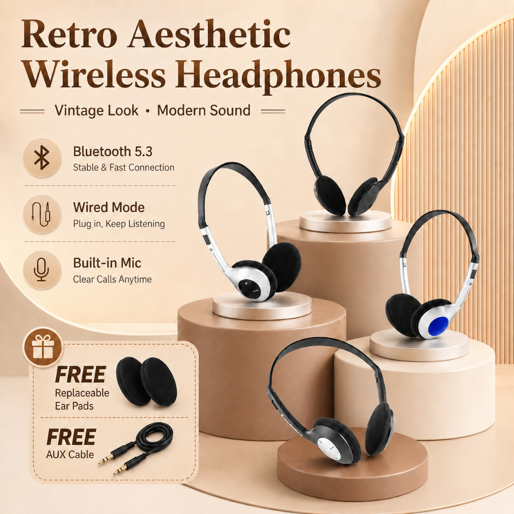 (Ships from Malaysia)Retro Trendy Wireless Bluetooth Headphones Premium Stylish Design Deep Bass Comfortable Adjustable Fit Lightweight Portable HD Microphone Clear Calls Long Battery Life Free Audio Cable Included