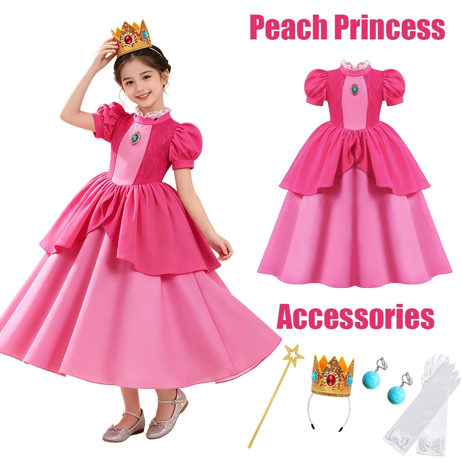 Girls Peach Princess Cosplay Costume Kids Birthday Party Dress Halloween Disguise Clothes