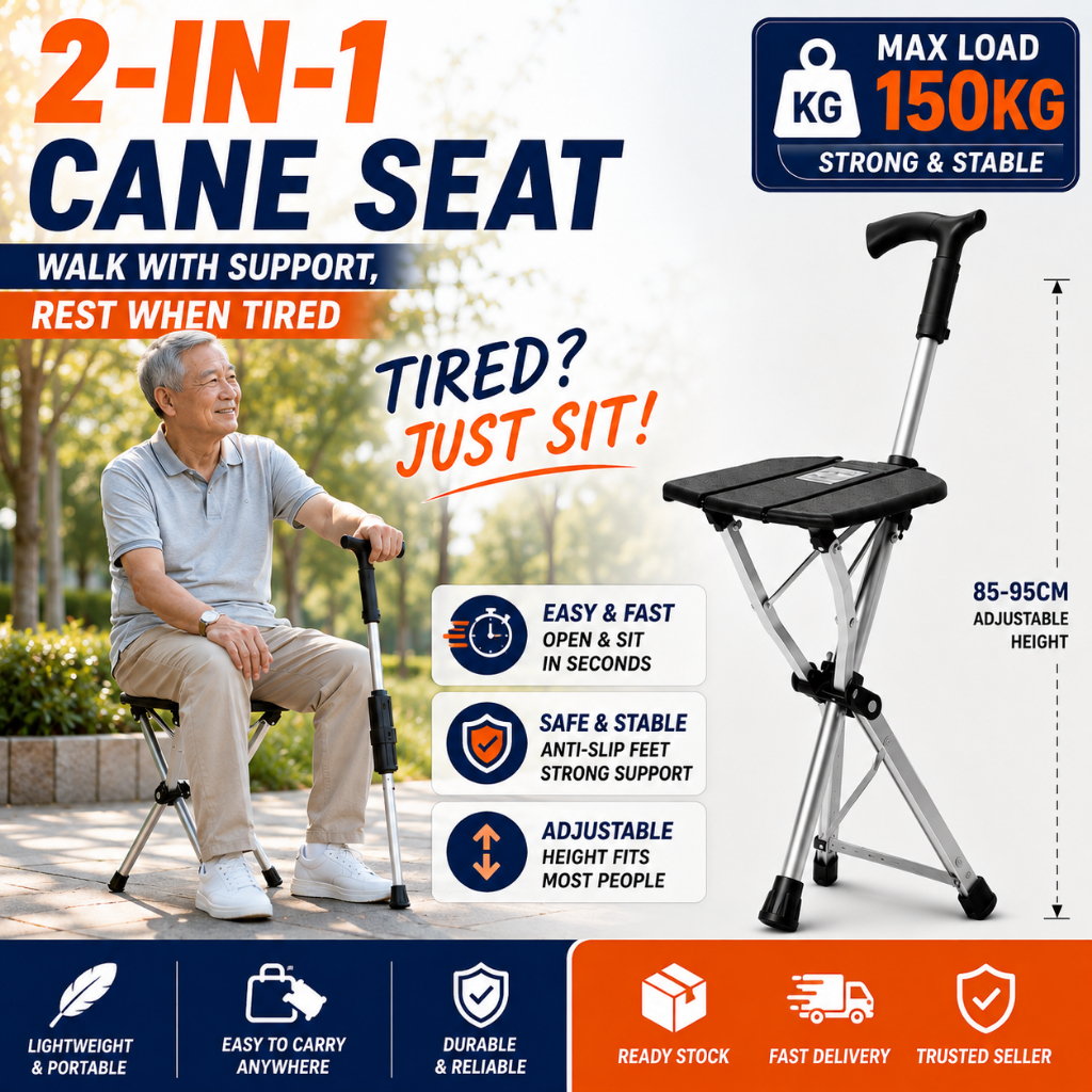 ⭐ Folding Cane with Seat Adjustable Walking Stick Chair for Elderly Portable Lightweight Mobility Aid Tongkat Kerusi