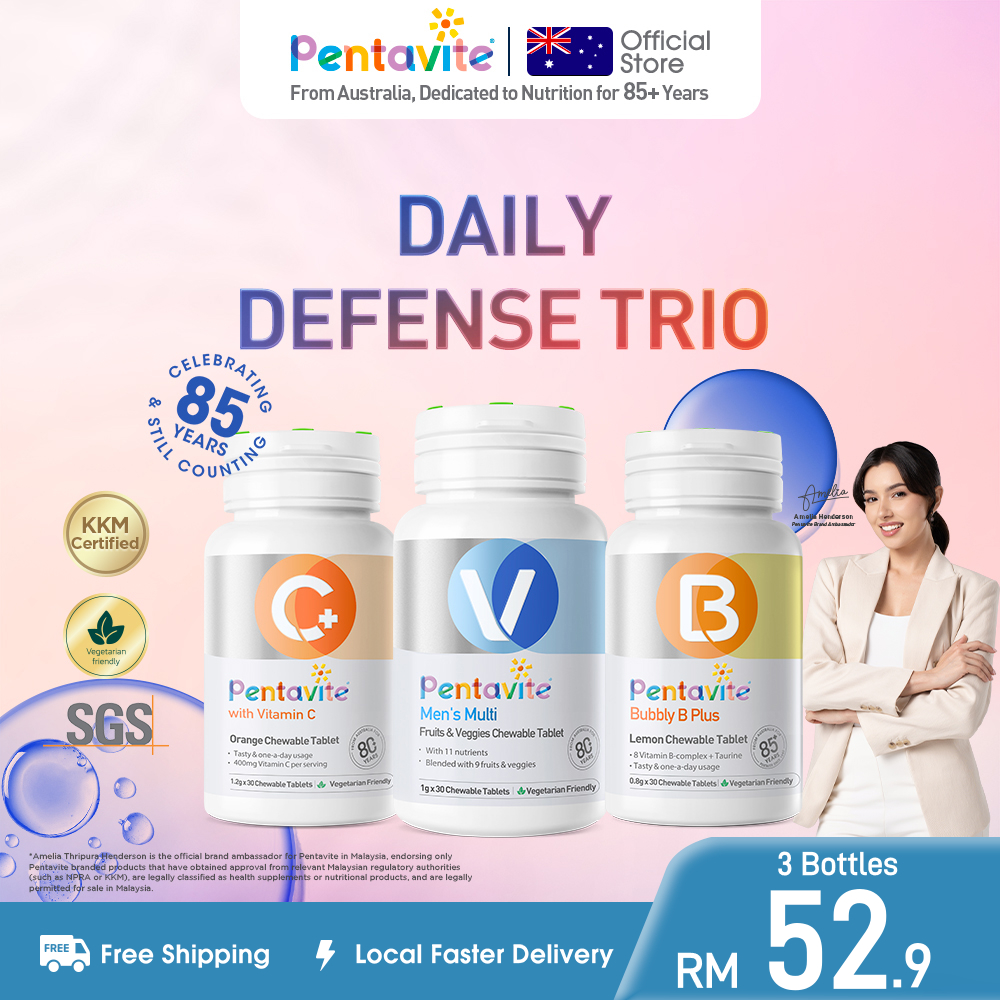 【Amelia's Choice】Pentavite Men's Multi + Vitamin C + B Complex 30s – Men’s Daily Defense Trio for Immunity, Focus & Stamina | Vitamin Lelaki untuk Imun, Fokus Mental & Tenaga Aktif – Formulasi Halal, Bebas Gula Tambahan, Sokongan Metabolisme