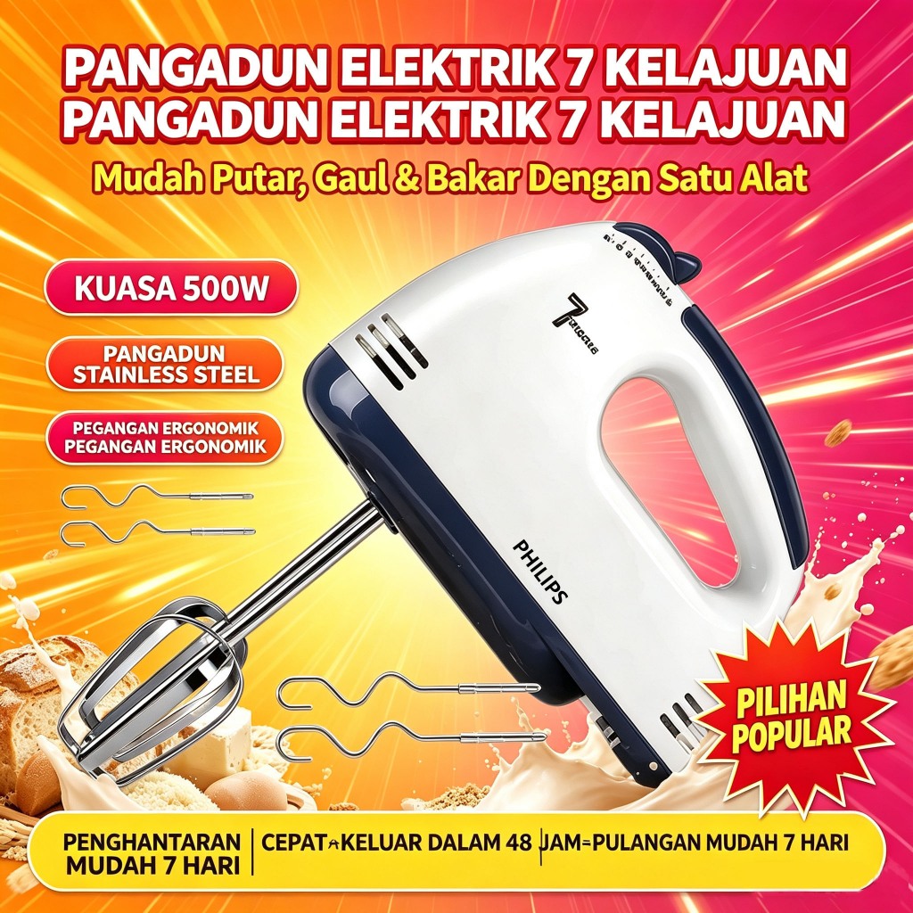 PHILIPS 7-Gear Speeds Electric Hand Mixer Stainless Steel Egg Beater Baking Whisk Mesin Pengadun Tangan