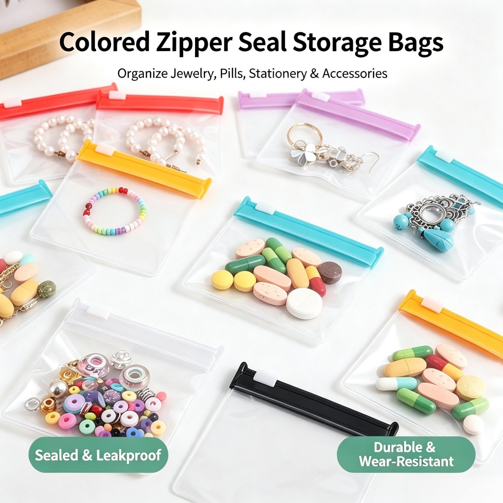 New colorful eco-friendly travel mini divider storage bag set, small self-sealing bags, suitable for medicines, jewelry, accessories and small items.