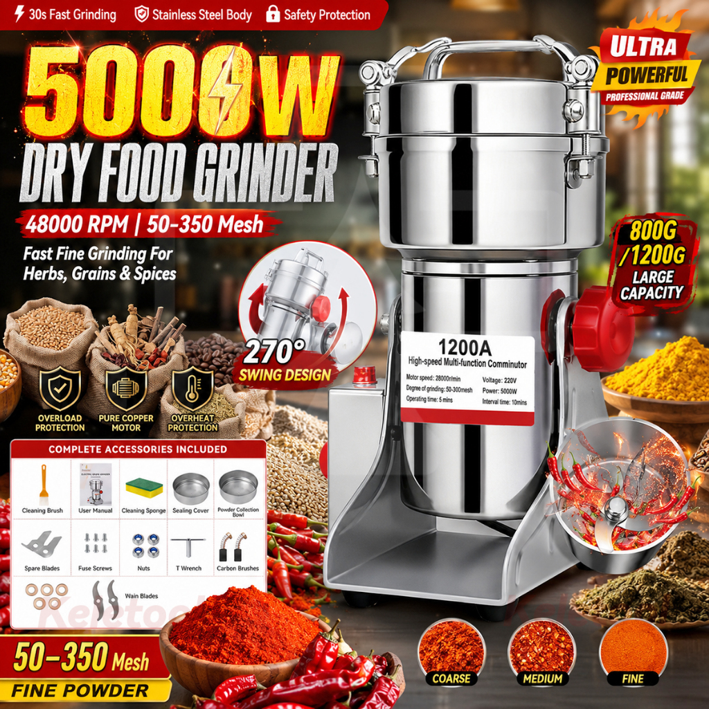 1200G Grain Grinder Machine Mesin Pengisar Rempah Serbuk Stainless Steel Dry Food Crusher Kisar Cili Kering Large Capacity Coffee Flour Powder Pengisar Kering 磨粉机