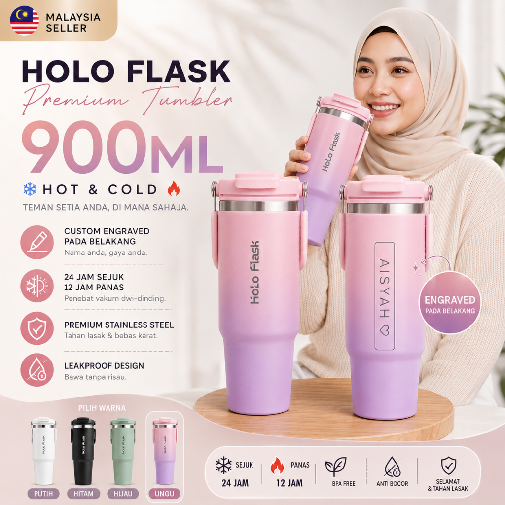 HOLO FLASK 900ML Personalized Name Tumbler | Vacuum Flask | Hot & Cold Cup