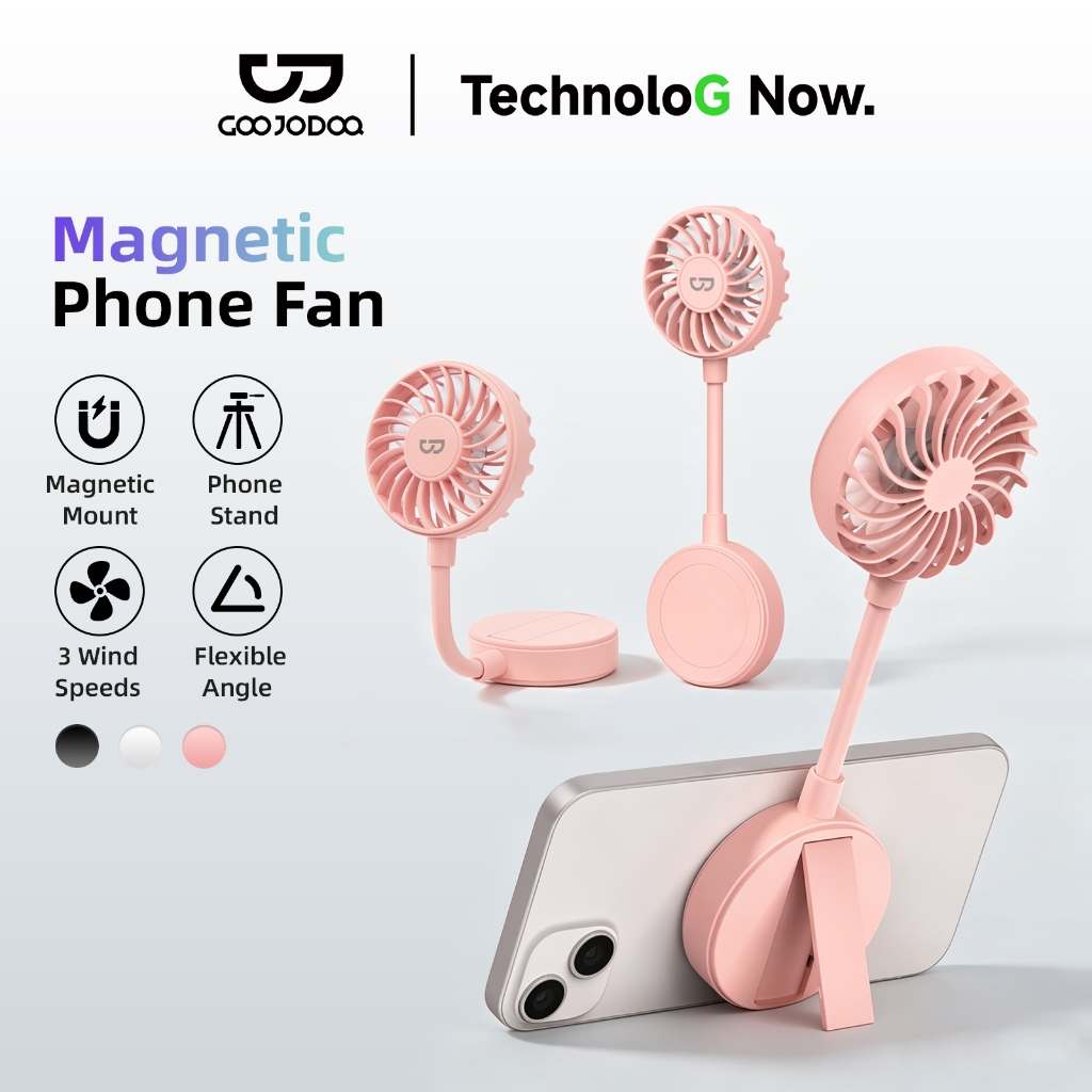 GOOJODOQ 2 in 1 Fan Phone Stand Strong Magnetic Hold Flexible Foldable 3 Adjustable Wind Speeds