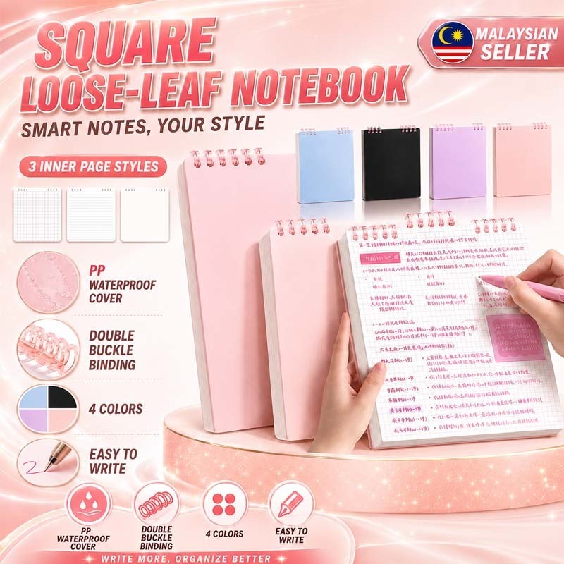 Teacher DaySquare Loose Leaf Notebook 120 Pages Thick Waterproof PP Cover Discbound Refillable Binder Grid Lined Blank Journal Planner School Stationery Buku Nota Buku Catatan