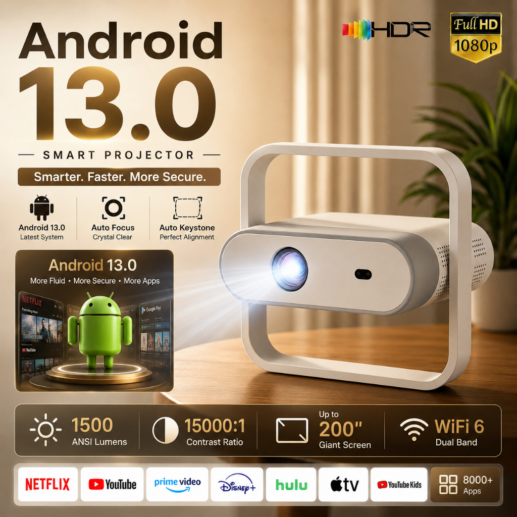 YP700 Pro 4K Projector 1500ANSI Lumens Android 13.0 Auto Focus Portable Home Cinema Projector Built-in Speaker Ambient Light