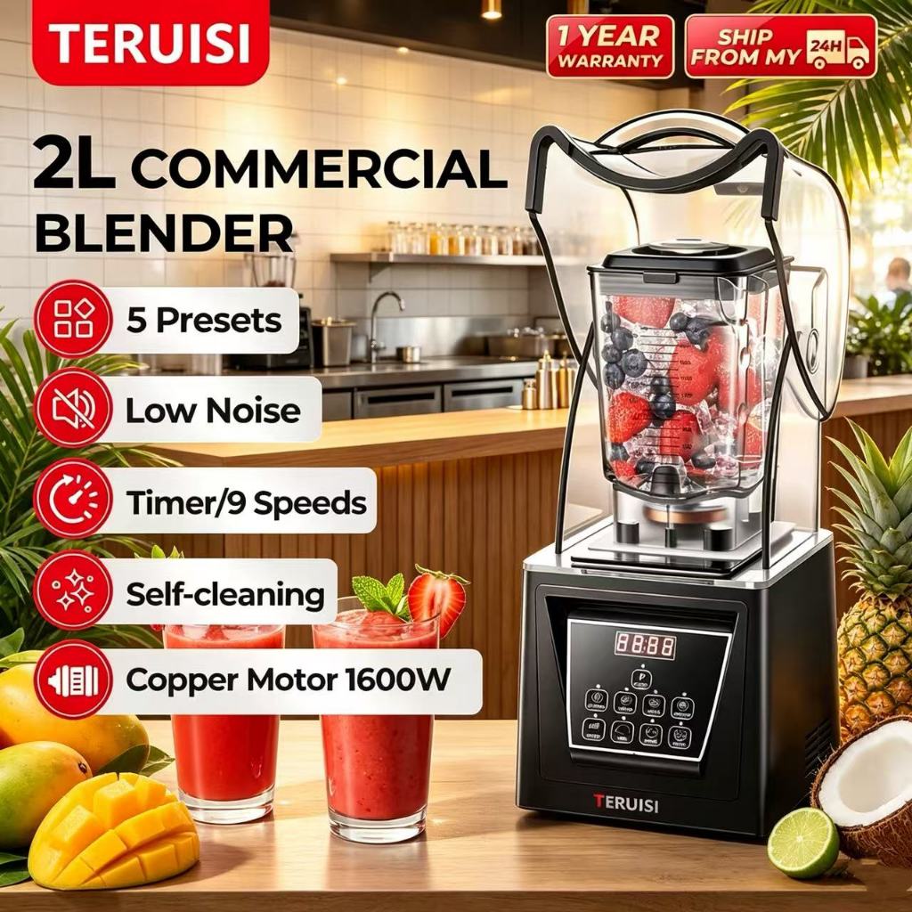 TERUISI 1600W 2L Commercial Blender 商用隔音破壁机｜大容量Soundproof Enclosure, 9‑Speed Timer, 5 Presets & Self‑Cleaning for Cafe｜Mesin Pengisar Komersial