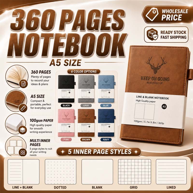 Teacher DayA5 Notebook 360 Pages PU Leather Diary Journal 100GSM Thick Paper Planner Buku Nota Stationery School Office Gift Lined Grid Dotted 6 Colors
