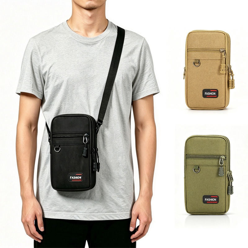 Men's Waist Bag 3 Zipper Vertical Tactical Waterproof Oxford Phone Pouch With Detachable Strap For Hiking Fishing Work B08