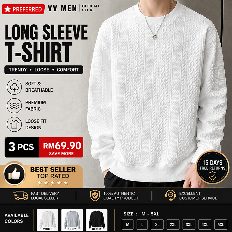 Men's long -sleeved T -shirt top new trendy loose men's clothing handsome autumn and winter white bottoming shirt Round neck sweater
