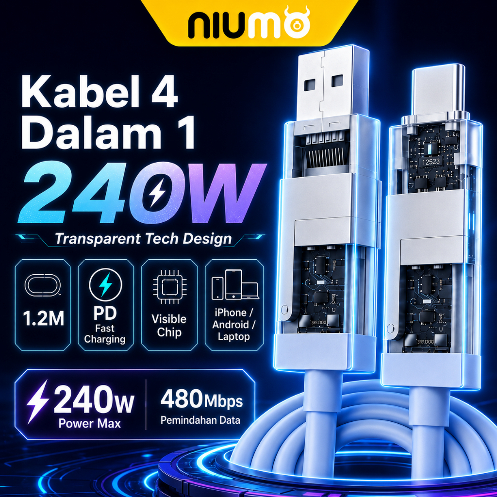 NIUMO Kabel 4 Dalam 1 240W Transparent Tech Design| Cyber Style Fast Charging Cable 1.2M Transparent Shell Silicone Cable Type C iPhone Android Laptop Compatible