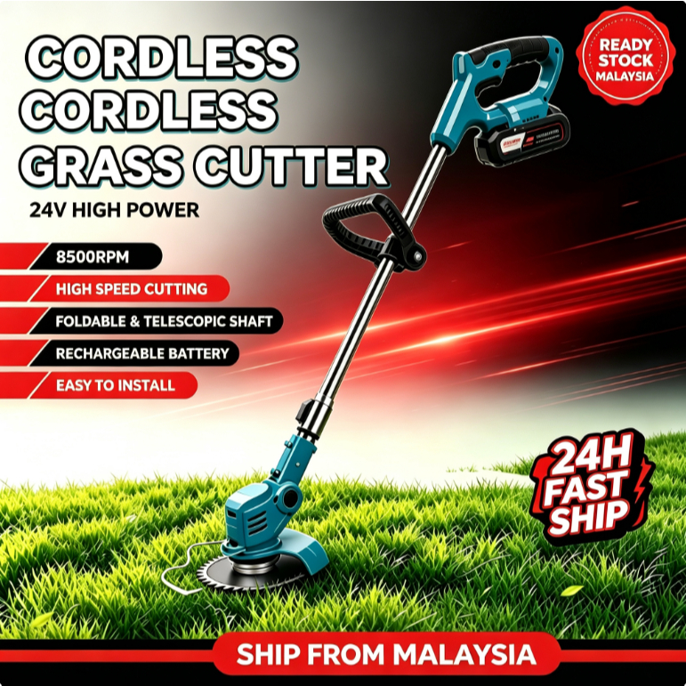21V Cordless Grass Trimmer Foldable Retractable Mesin Potong Rumput 8500RPM With 12Pcs Blades For Garden Yard Ready Stock Malaysia