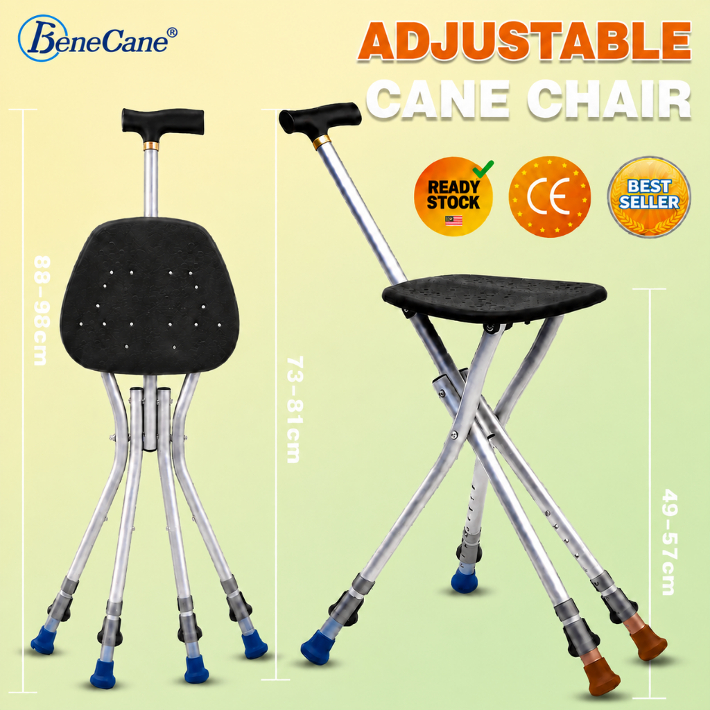 2 in 1 Walking Cane Chair 4 Legs Stable Stick Bench Tongkat Kerusi Lipat For Elderly Seniors