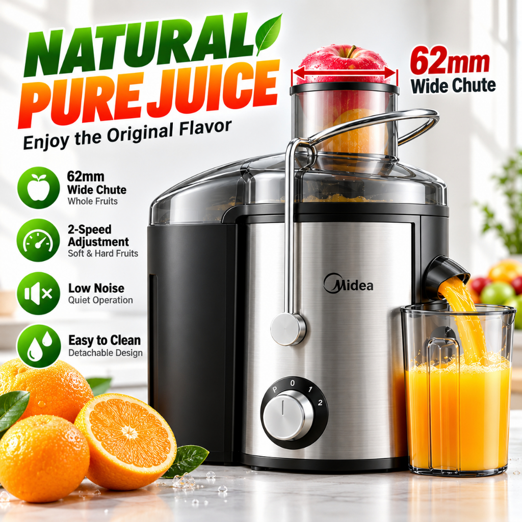 PURE JUICE MADE EASY Centrifugal Juicer Machine 62mm Wide Chute 2 Speed Low Noise Easy Clean Stainless Steel Filter Whole Fruit Juice Extractor Mesin Jus 离心榨汁机