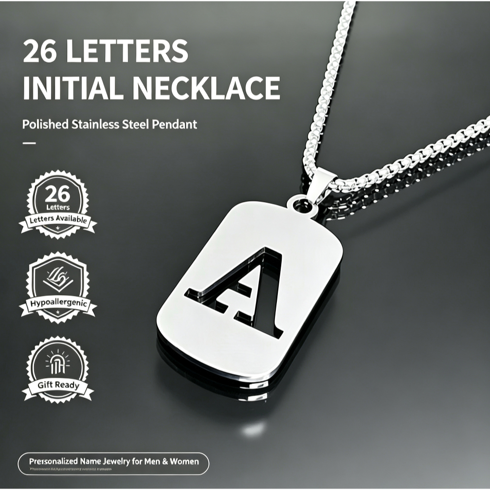 26 Letters Initial Necklace for Men Women Polished Stainless Steel Pendant Personalized Name Jewelry Gift