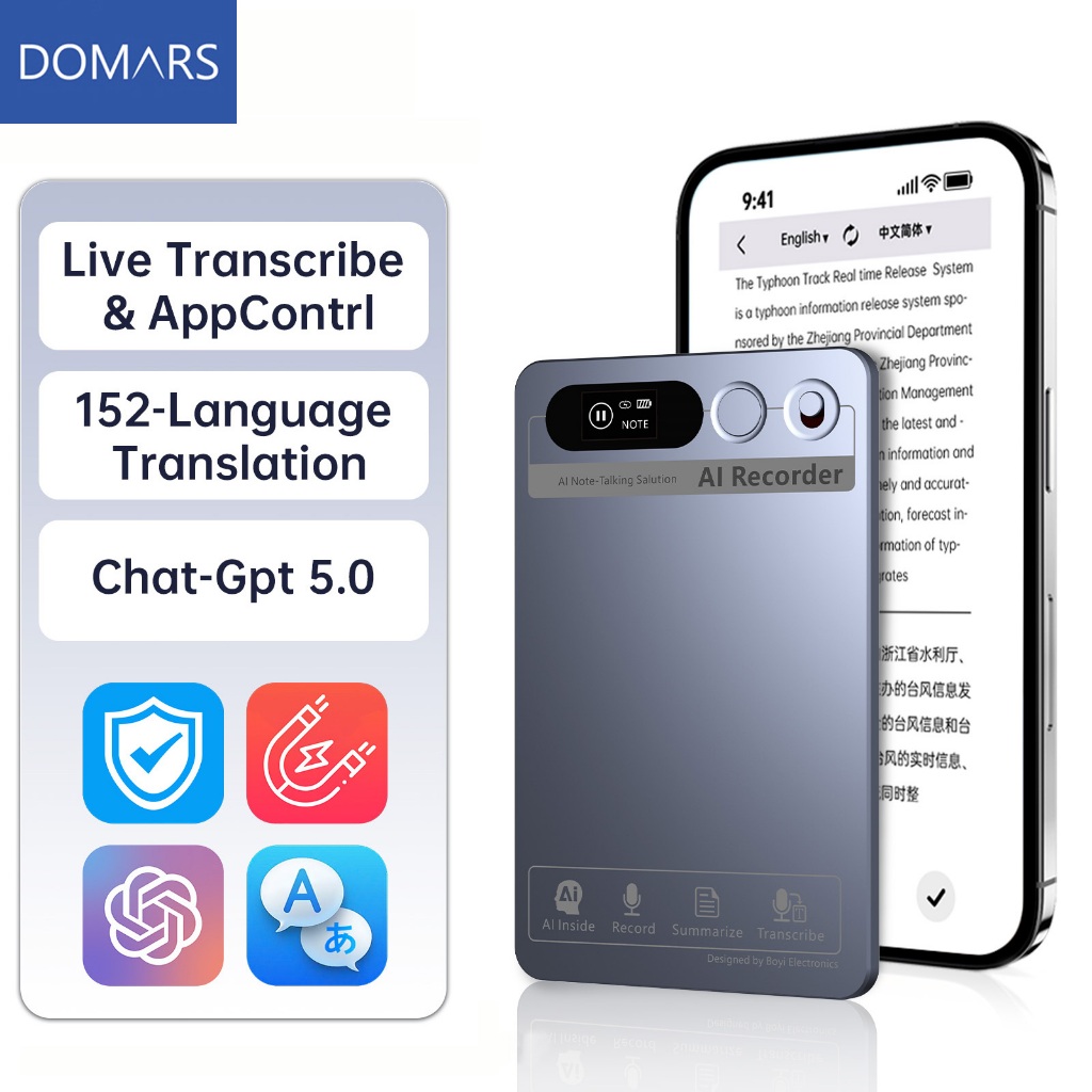 DOMARS AI Recorder 64GB 35H Recording 152 Language Translation ChatGPT 5.0 Live Transcription AI Summarization 32g Ultralight 400mAh 166H Standby Recorder Meeting Interview Class