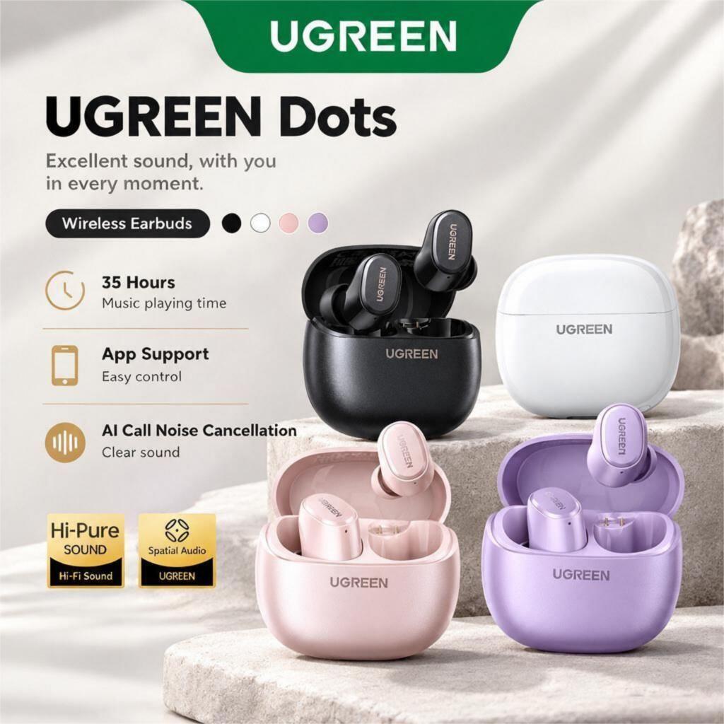 UGREEN Dots Wireless Earbuds Bluetooth 6.0 TWS Earphones Dual-Mic Support AAC/SBC Audio Codecs Hi-Pure Sound Spatial Audio Low Latency App Control