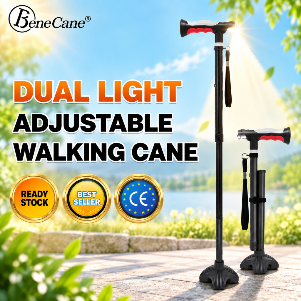 Foldable Walking Stick with Dual LED Light Adjustable Cane Tongkat Lipat Lampu For Elder Seniors