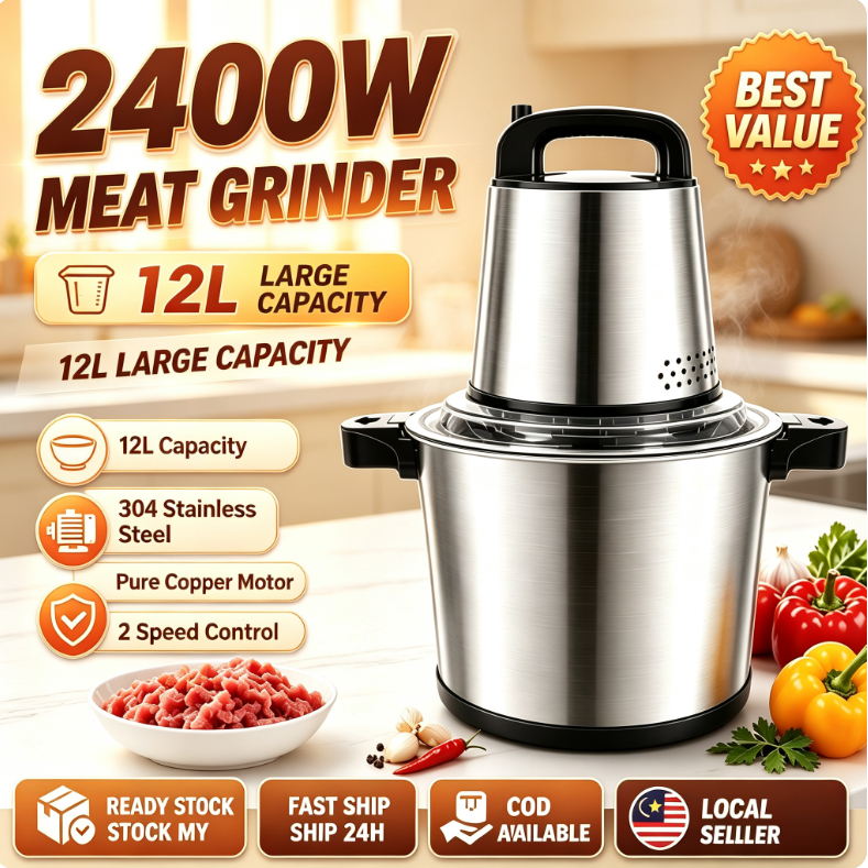 Electric Meat Grinder 12L Large Capacity Stainless Steel Bowl 1200W-2400W Pure Copper Motor Mesin Kisar Daging Food Chopper for Home & Stall Use Malaysia Ready Stock 24H Shipping