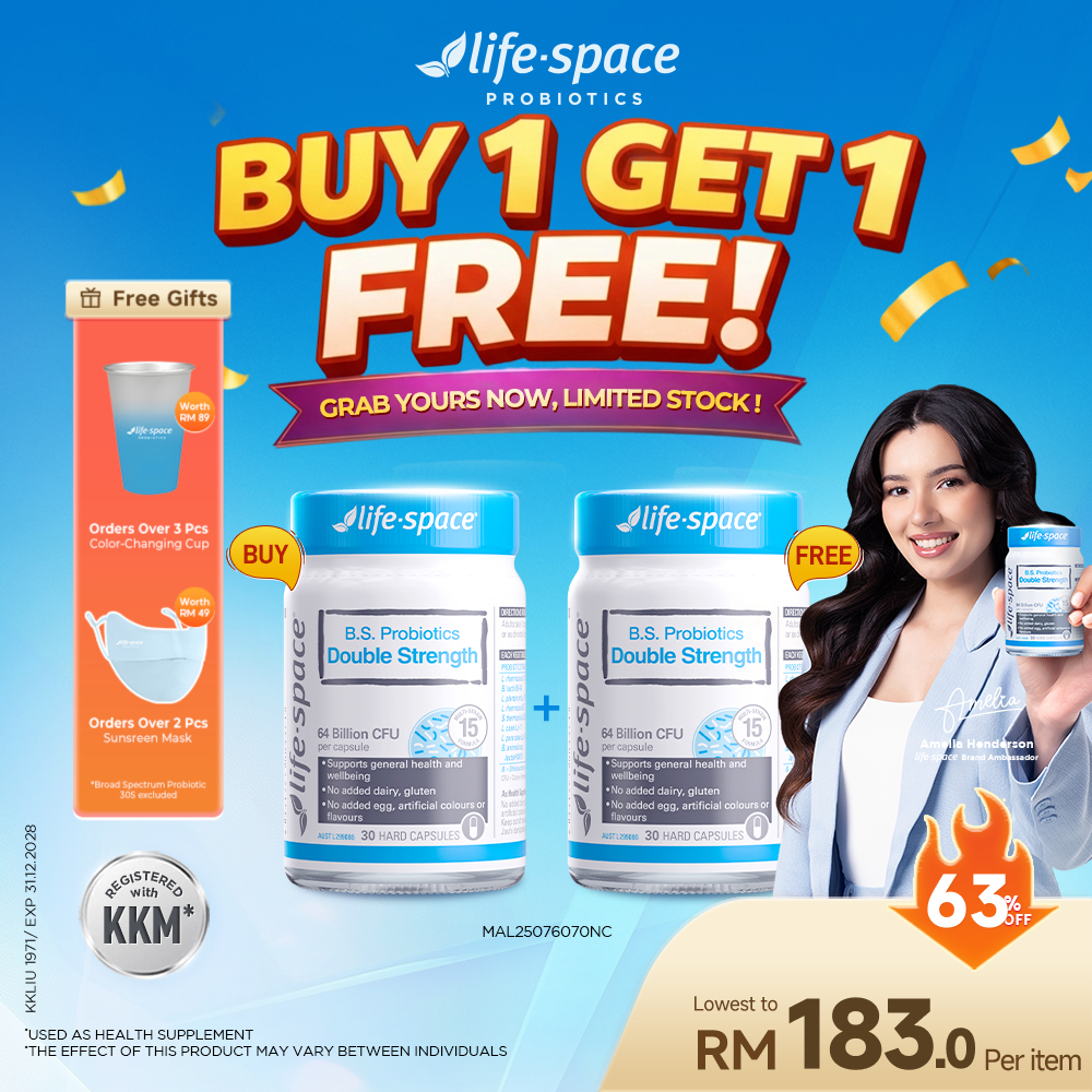 [BUY 1 GET 1 FREE] Life-Space B.S. Probiotics Double Strength Capsule 64 Billion CFU 15 Strains | Gut Friendly Support General Health & Wellbeing Daily Supplement | Non-Refrigerated Vegetable Capsule (2 Bottles)
