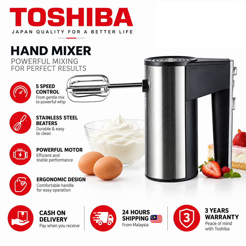 TOSHIBA 5 Speed Electric Hand Mixer Egg Beater Blender Grinder Processor Dough Whisk Mesin Pengadun Bancuh Telur