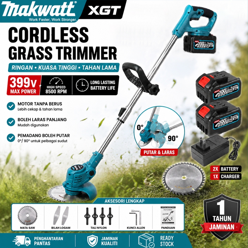 Makwatt Cordless Grass Cutter Mesin Potong Rumput Heavy Duty Battery Grass Trimmer Lawn Mower