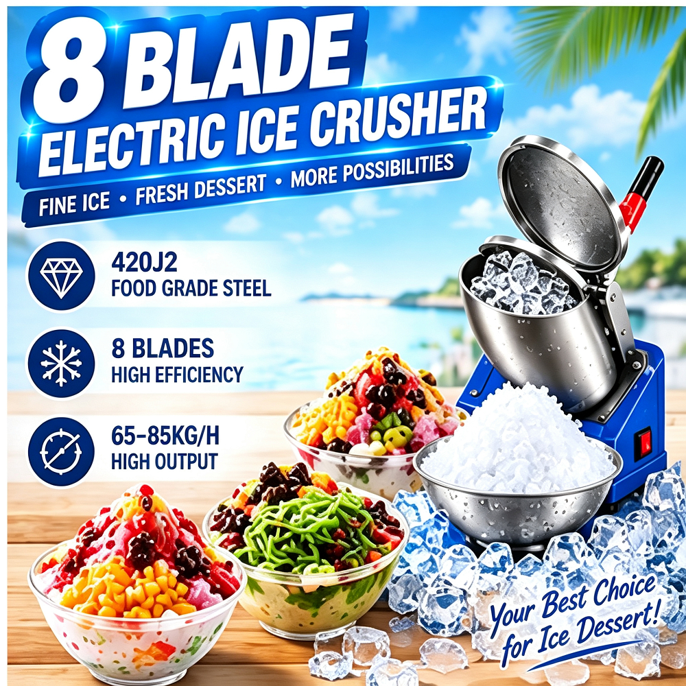 8 Blade Electric Ice Shaver Machine Powerful Ice Crusher Mesin Ais Serut Mesin Ais Kisar Mesin Ais Batu Penghancur ABC Cendol Ice Kacang Sno